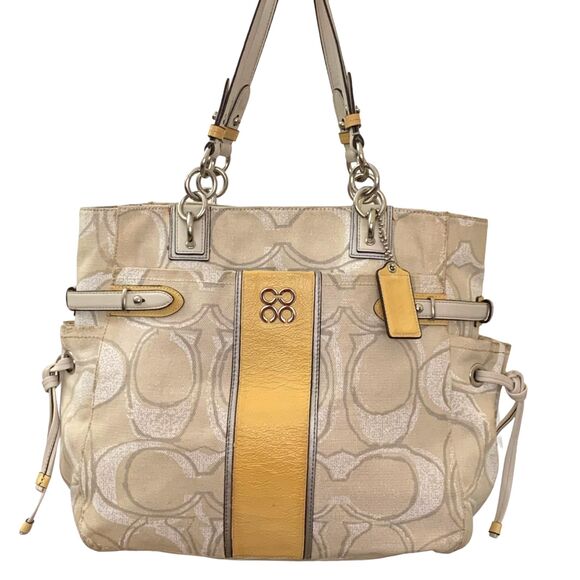 Coach Signature Stripe Tote Bag Beige Gold Canvas Leather Trim Shoulder Purse - Picture 1 of 12